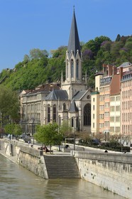 France, Rhone, Lyon, historical site listed as World Heritage by UNESCO, Vieux Lyon (Old Town), Saint Georges Church and quai Fulchiron along the Saone River