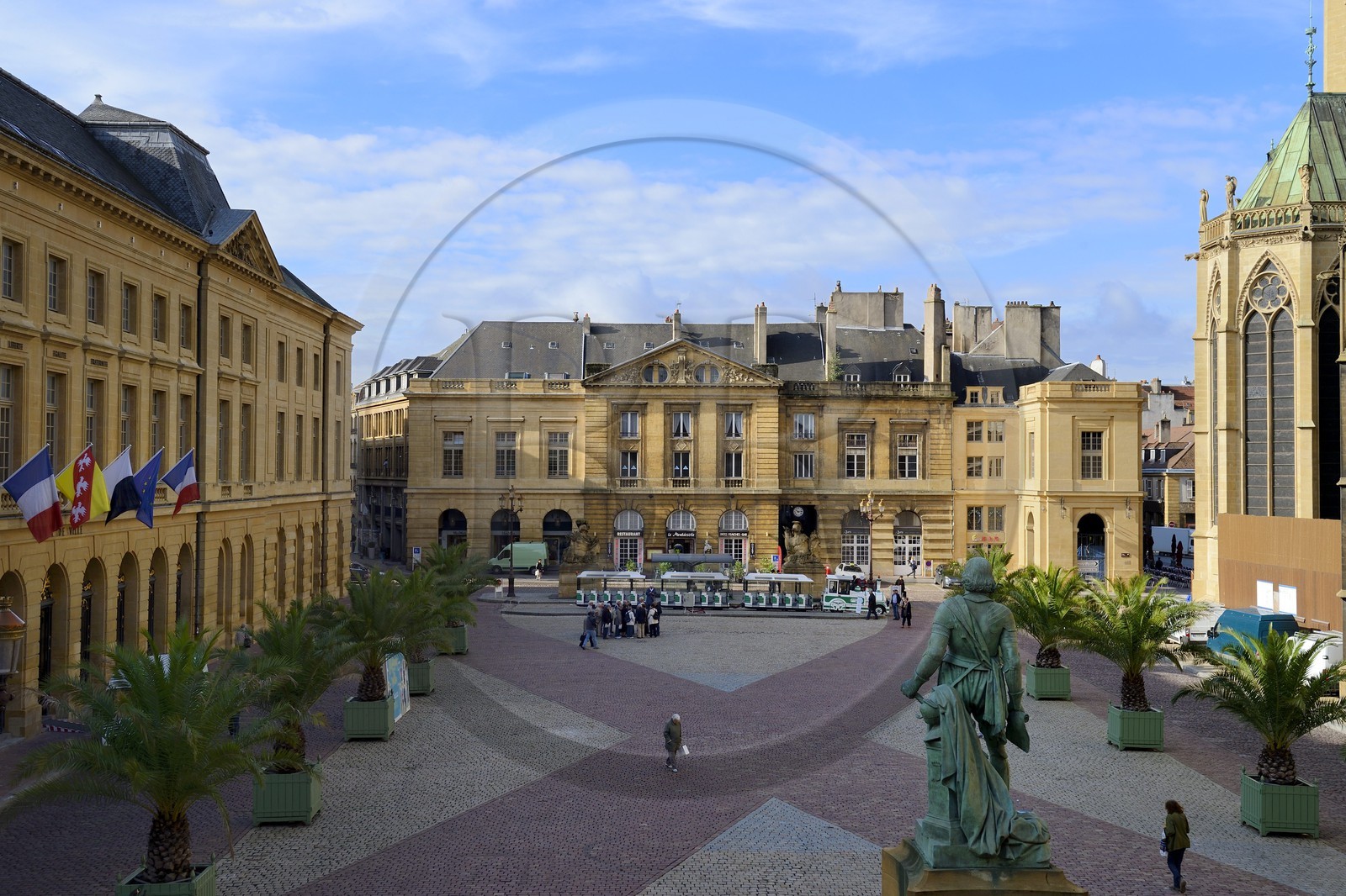 France, Moselle, Metz, the place d'Armes, statue of Marshal Fabert between the city hall and Saint Etienne cathedral right in pierre de Jaumont (stone of Jaumont)