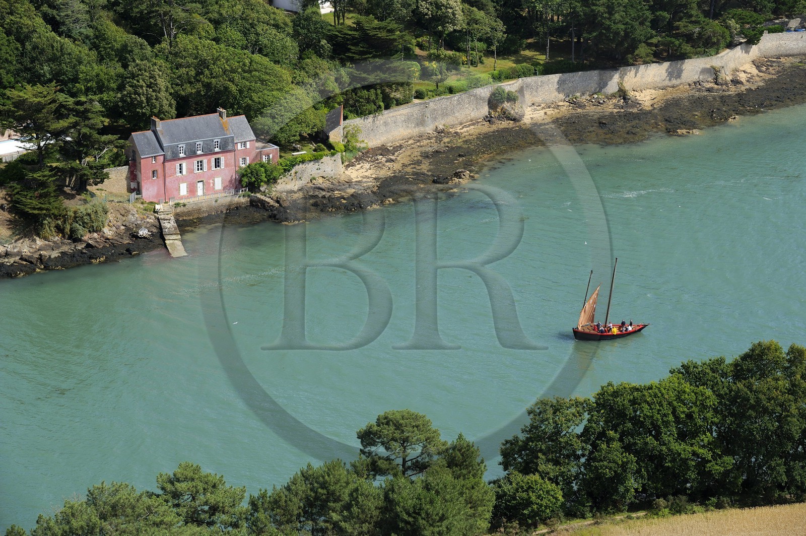France, Morbihan, Gulf of Morbihan (Golfe du Morbihan), Vannes, Port Anna, a Sinagot traditional sailboat (aerial view)