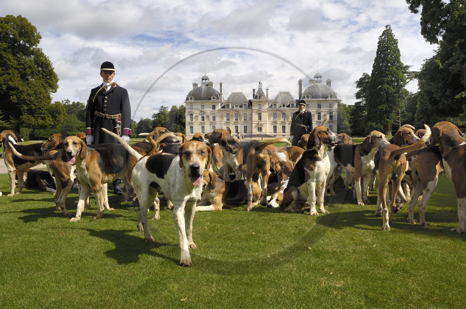 France, Loir et Cher, Chateau de Cheverny, the hunstmen Vol au Vent and La Rosée, who manage the pack of 90 dogs for hunting