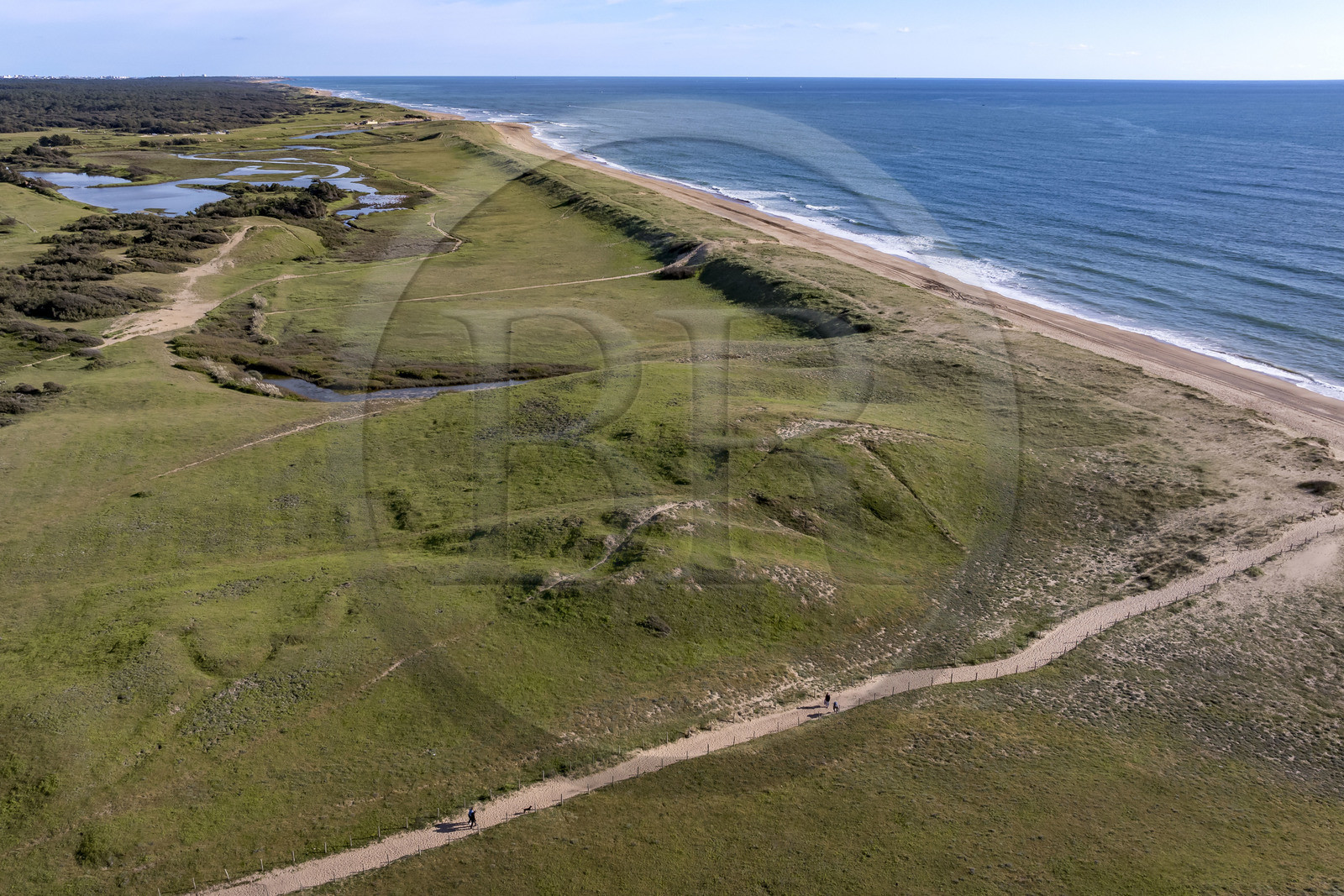 France, Vendée (85), Bretignolles-sur-Mer, la plage des Dunes en été (vue aérienne)
