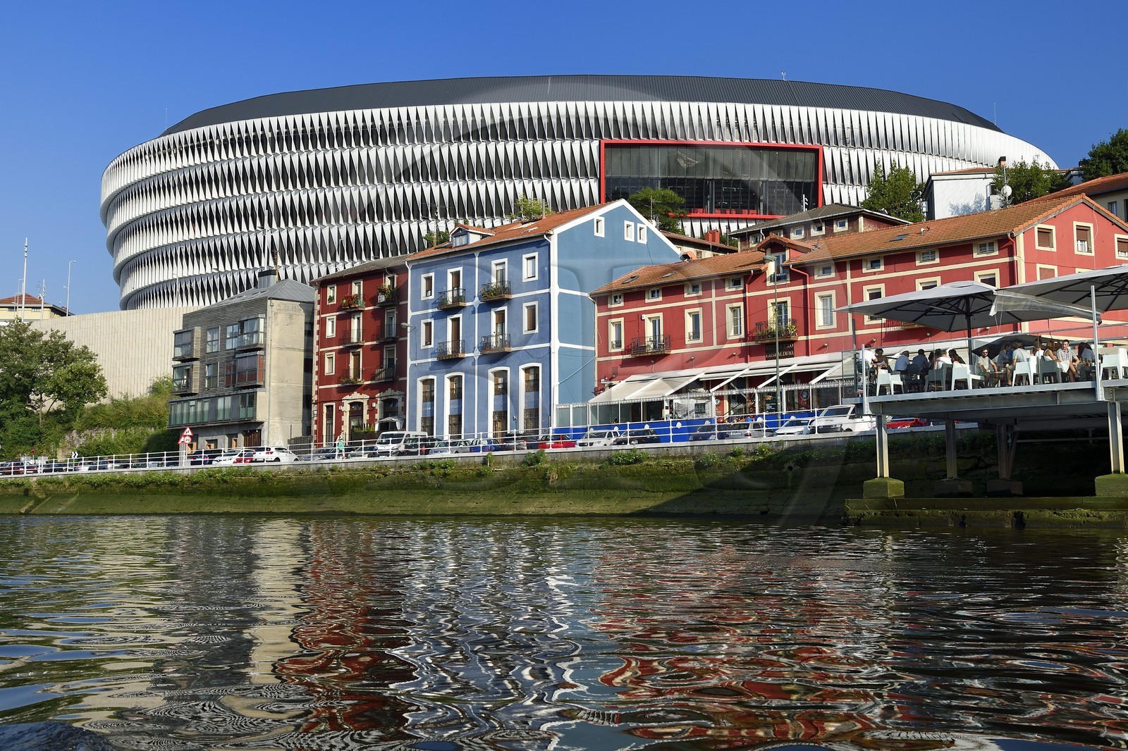 Spain, Basque Country, Biscay Province, Bilbao, the San Mamés Stadium (2013) by architect Norman Foster next to the Ria de Bilbao