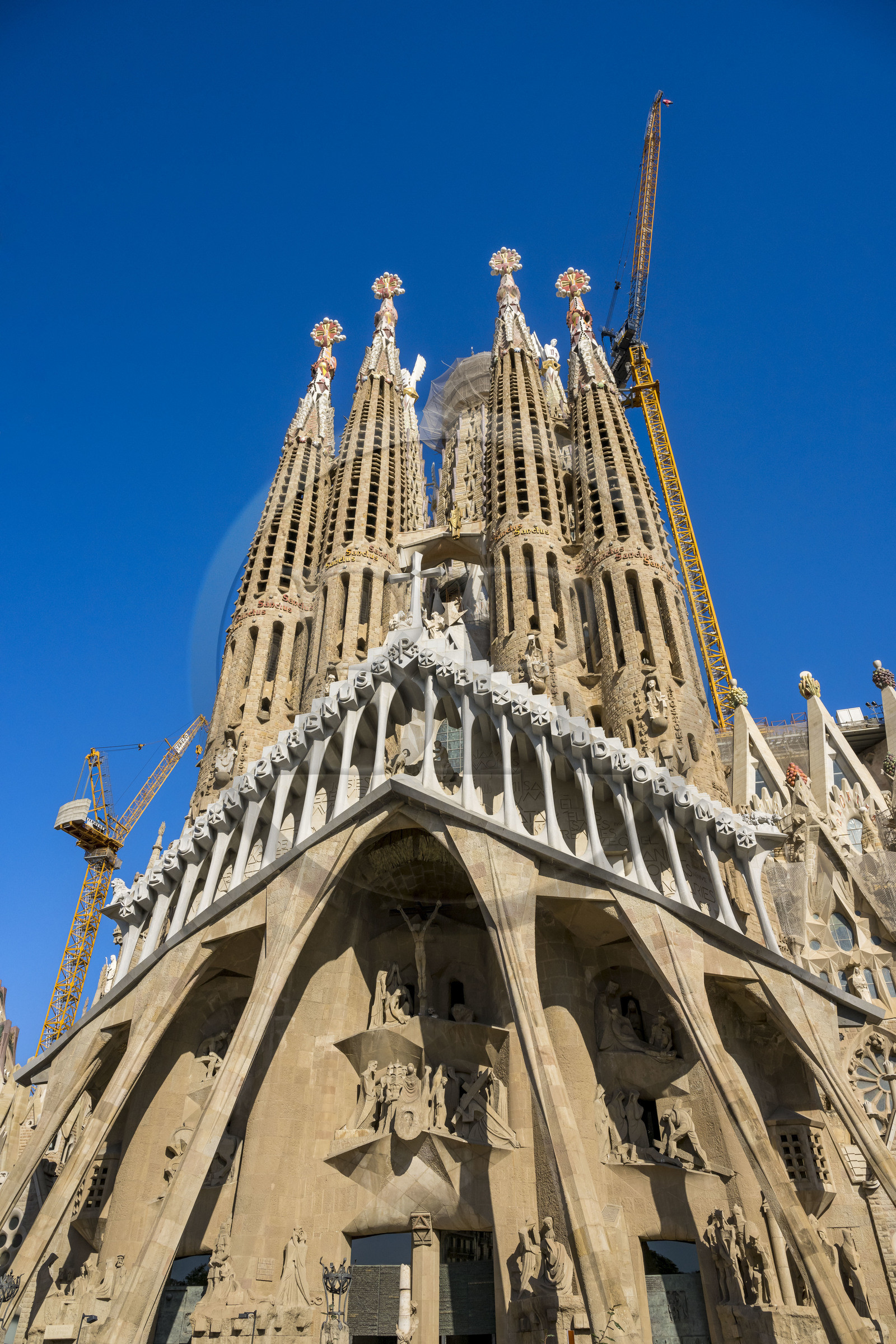 Spain, Catalonia, Barcelona, Eixample district, Sagrada Familia basilica by Catalan modernist architect Antoni Gaudi, listed as a UNESCO World Heritage Site, the passion facade