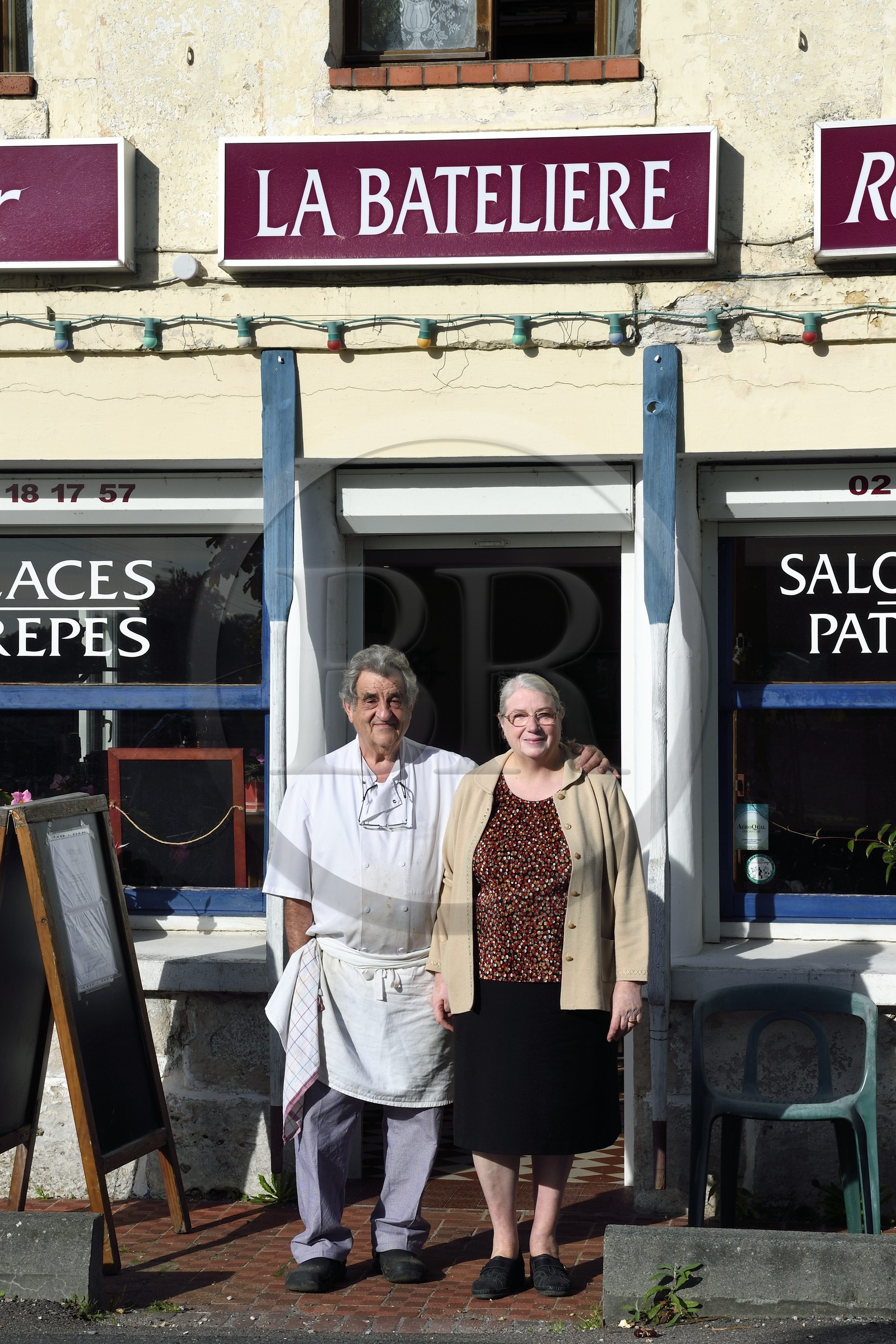France, Eure, the village of Bas-Caumont in the norman Seine river meanders, the Bar and Restaurant La Bateliere from Brigitte et Raymond Godebout on the Veloroute of Val de Seine