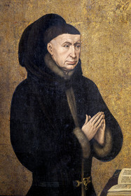 France, Côte-d'Or (21), Beaune, zone classée Patrimoine Mondial de l'UNESCO, Hospices de Beaune, l'Hôtel-Dieu, salle du Polyptyque, détail du polyptyque du Jugement Dernier fermé, oeuvre réalisée au XVe siècle par de Rogier Van Der Weyden, portrait de Nicolas Rolin, fondateur des hospices avec son épouse Guigone de Salins