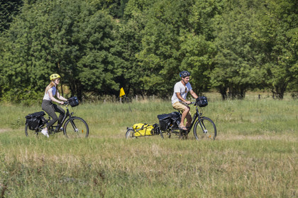 France, Maine-et-Loire (49), vallée de la Loire classée au Patrimoine Mondial par l'UNESCO, Saumur vers Saint-Hilaire, randonnée à bicyclette sur les berges de la Loire, vélo avec une remorque transportant le matériel de camping