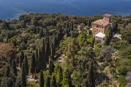 Italy, Liguria, Province of Imperia, Ventimiglia, Hanbury Botanical Garden around the Palazzo Orengo (aerial view)