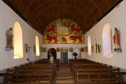 France, Morbihan, Broceliande Forest, Trehorenteuc, Sainte Onnenne church or the Graal chapel in the Arthurian Mythology, mosaic of Cerf blanc au collier d'or (white stag with a golden necklace), drawn by Jean Delpech on the information given by abbe Gillard
