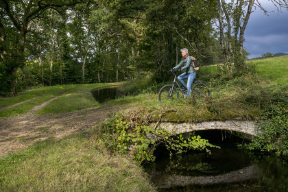 France, Nievre, Regional Natural Park of Morvan, Montreuillon, cyclist on the path along the Rigole d'Yonne which draws water from the Yonne at Lake Pannecière and feeds the Nivernais Canal