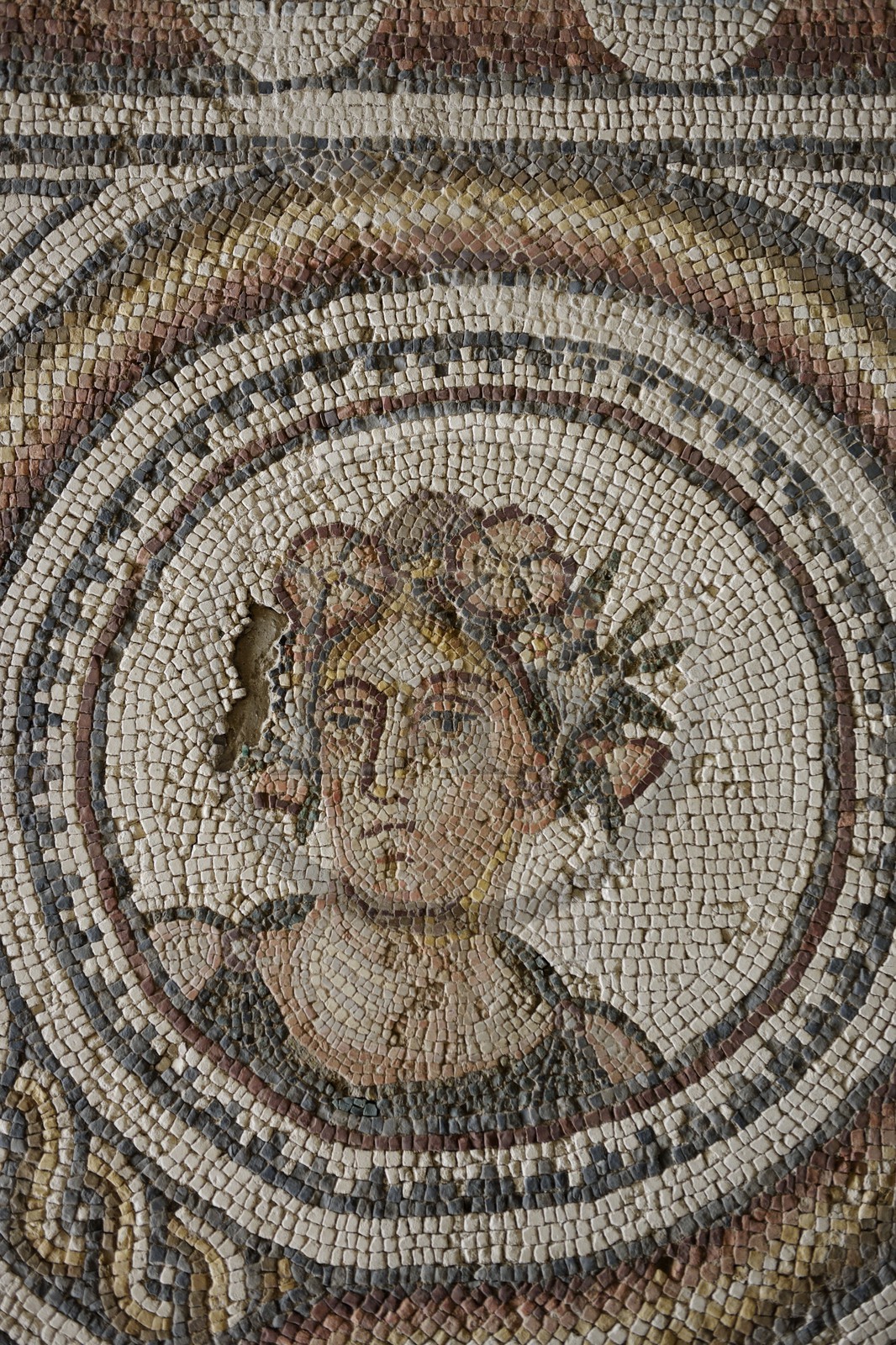 France, Hérault (34), villa gallo-romaine de Loupian à quelques kilomètres au sud de la Via Domitia, les fouilles ont révélé les restes d'une villa gallo-romaine très riche en mosaïques, mosaïque des quatre saisons (treize couleurs) dont le portrait du printemps