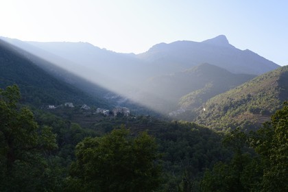 France, Haute Corse, Castagniccia, the village of Piedipartino and Pie d'Orezza in second plan at the foot of mount San Petrone