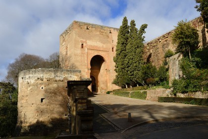Spain, Andalusia, Granada, the Justice Tower (Torre de la Justicia) on the southern rampart of the fortress is one of the the main entrances to the complex of the Alhambra, listed as World Heritage by UNESCO