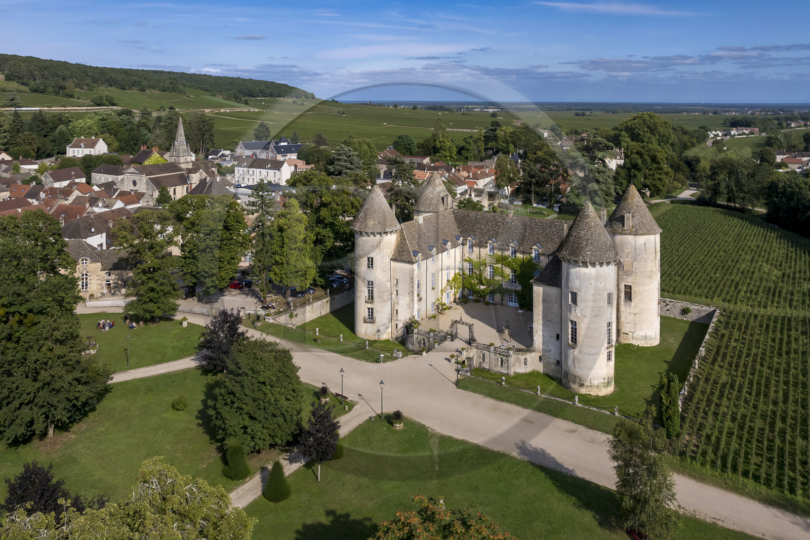 France, Cote d'Or, Climats terroirs of Burgundy listed as World Heritage by UNESCO, Côte de Beaune, Savigny-les-Beaune, the castle with museums and collections of fighter planes, Abarth racing cars, motorcycles, straddle tractors, models, fire trucks (aerial view)