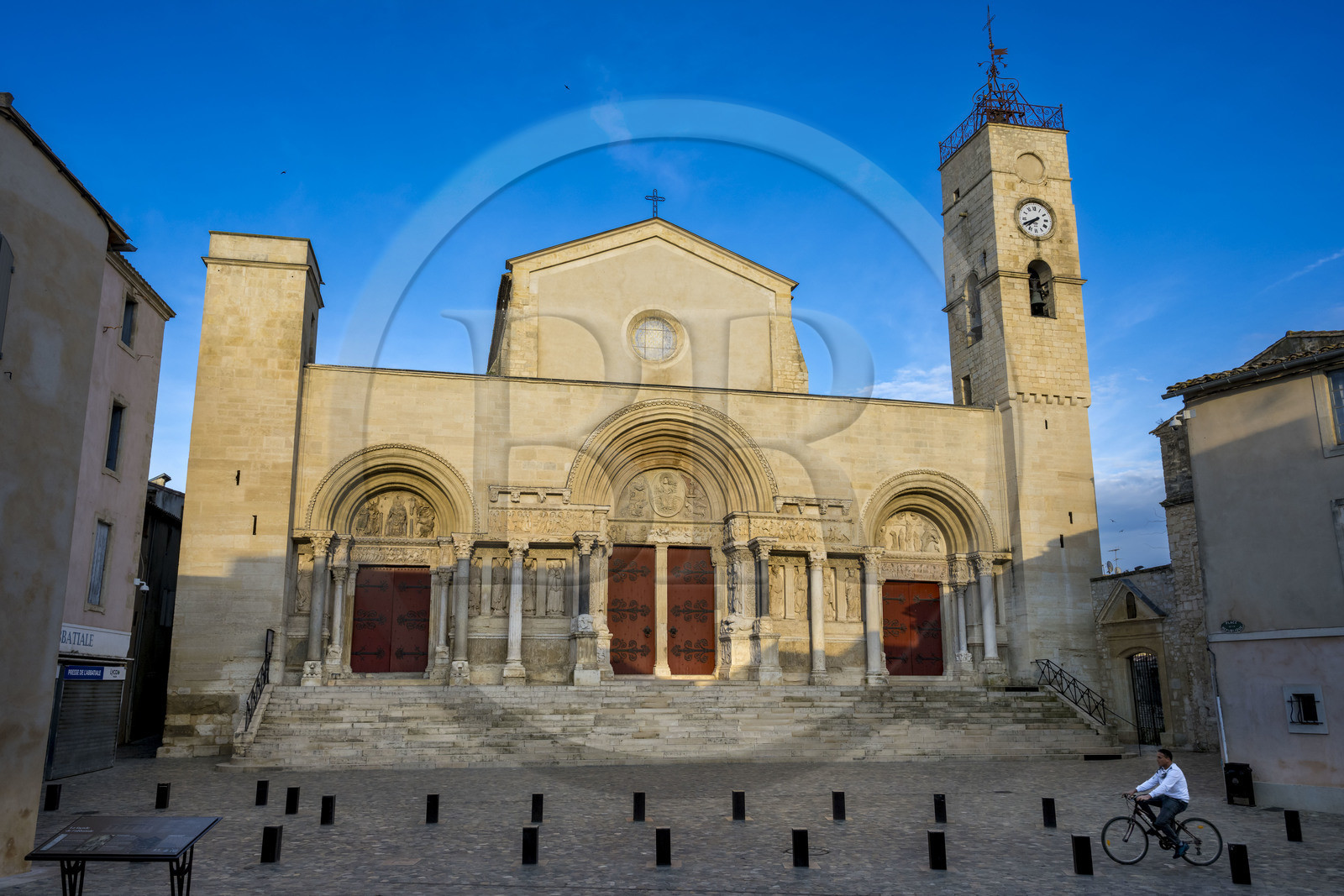 France, Gard, Saint Gilles du Gard, 12th-13th century Abbey Church of Saint-Gilles, classified as World Heritage by UNESCO under the routes to Santiago de Compostela in France, sculptures of the eastern facade of Provencal Romanesque style