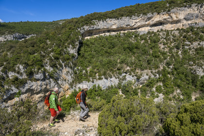 France, Vaucluse (84), Parc naturel régional du Mont Ventoux, Monieux, Gorges de La Nesque, randonneurs progressant sur un sentier sur les hauteurs face au barres rocheuses
