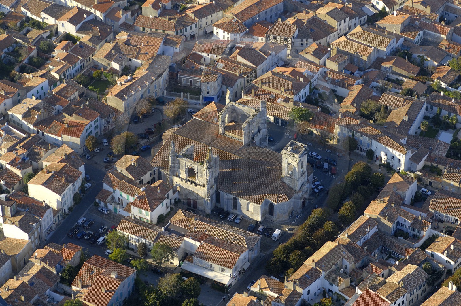 France, Charente-Maritime (17), ile de Ré, ville de Saint-Martin-de-Ré, église Saint-Martin (vue aérienne)