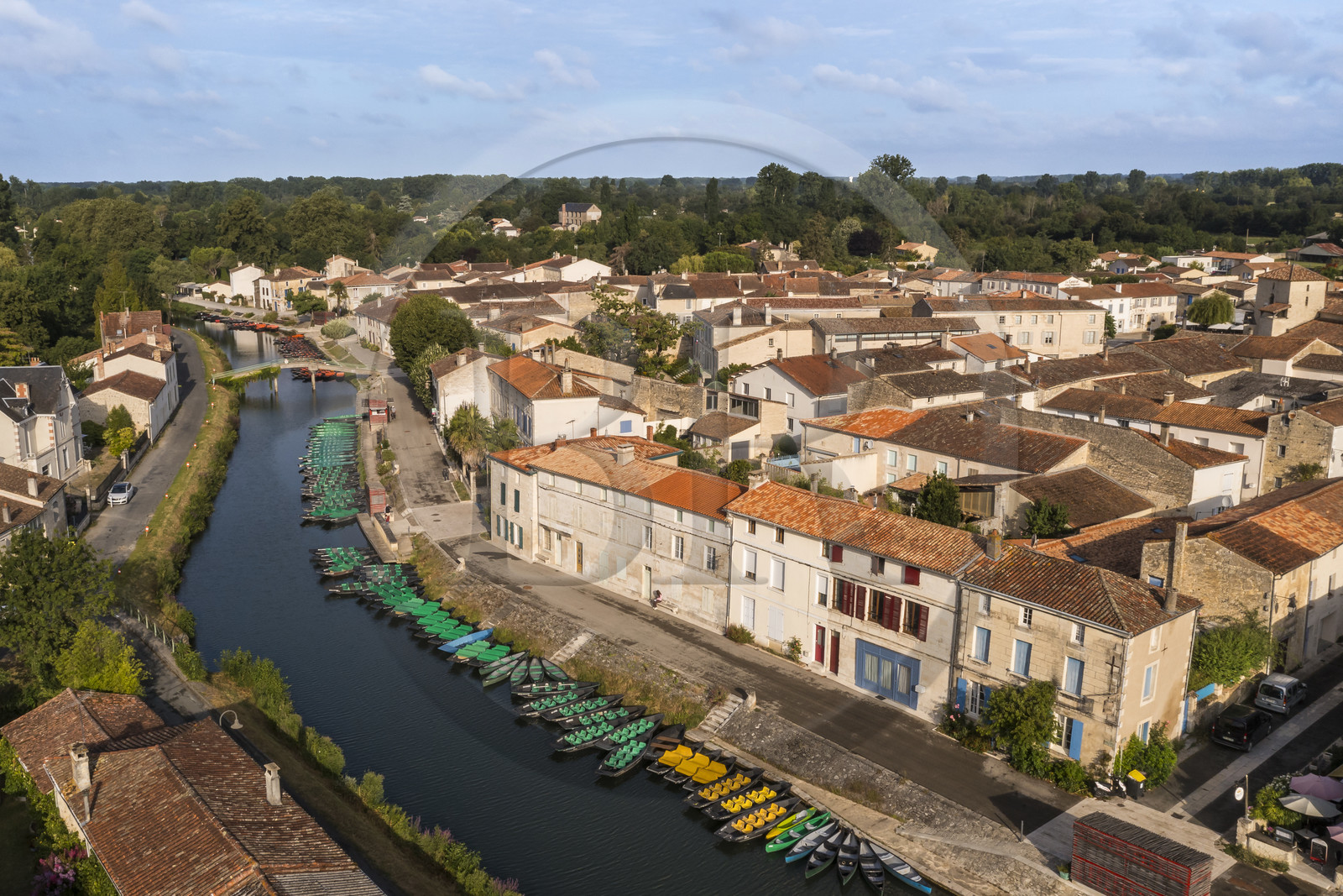 France, Deux-Sèvres (79), le Marais Poitevin, la Venise Verte, Coulon, labellisé Les Plus Beaux Villages de France, barques à fond plat sur les rives de la Sèvre Niortaise (vue aérienne)