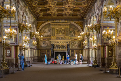 France, Seine-et-Marne, Fontainebleau, castle of Fontainebleau listed as World Heritage by UNESCO, the ballroom with a coffered ceiling decorated with gold and silver