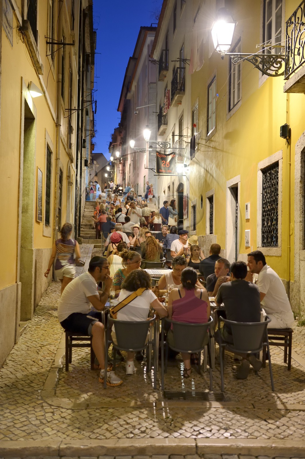 Portugal, Lisbon, Bairro Alto district, restaurant in the pedestrian street travessa dos Fieis de Deus