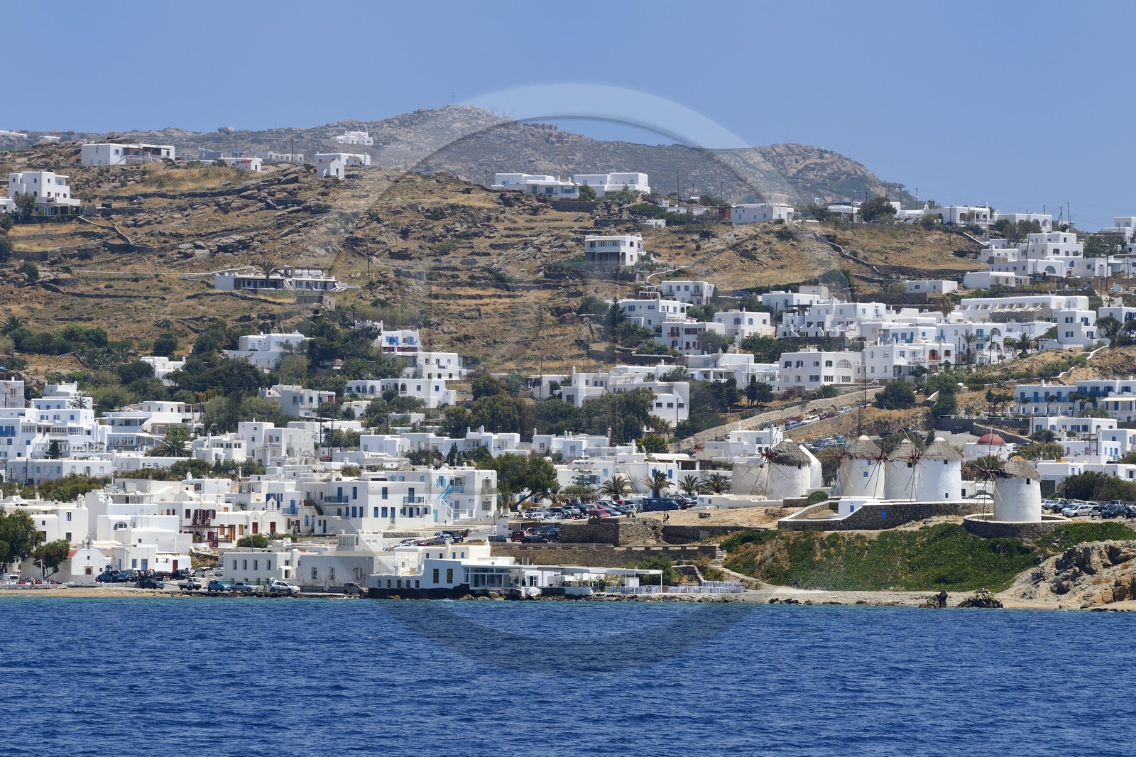 Grèce, Les Cyclades, mer Égée, île de Mykonos, Chora (Mykonos town), les cinq moulins (Kato Mili)