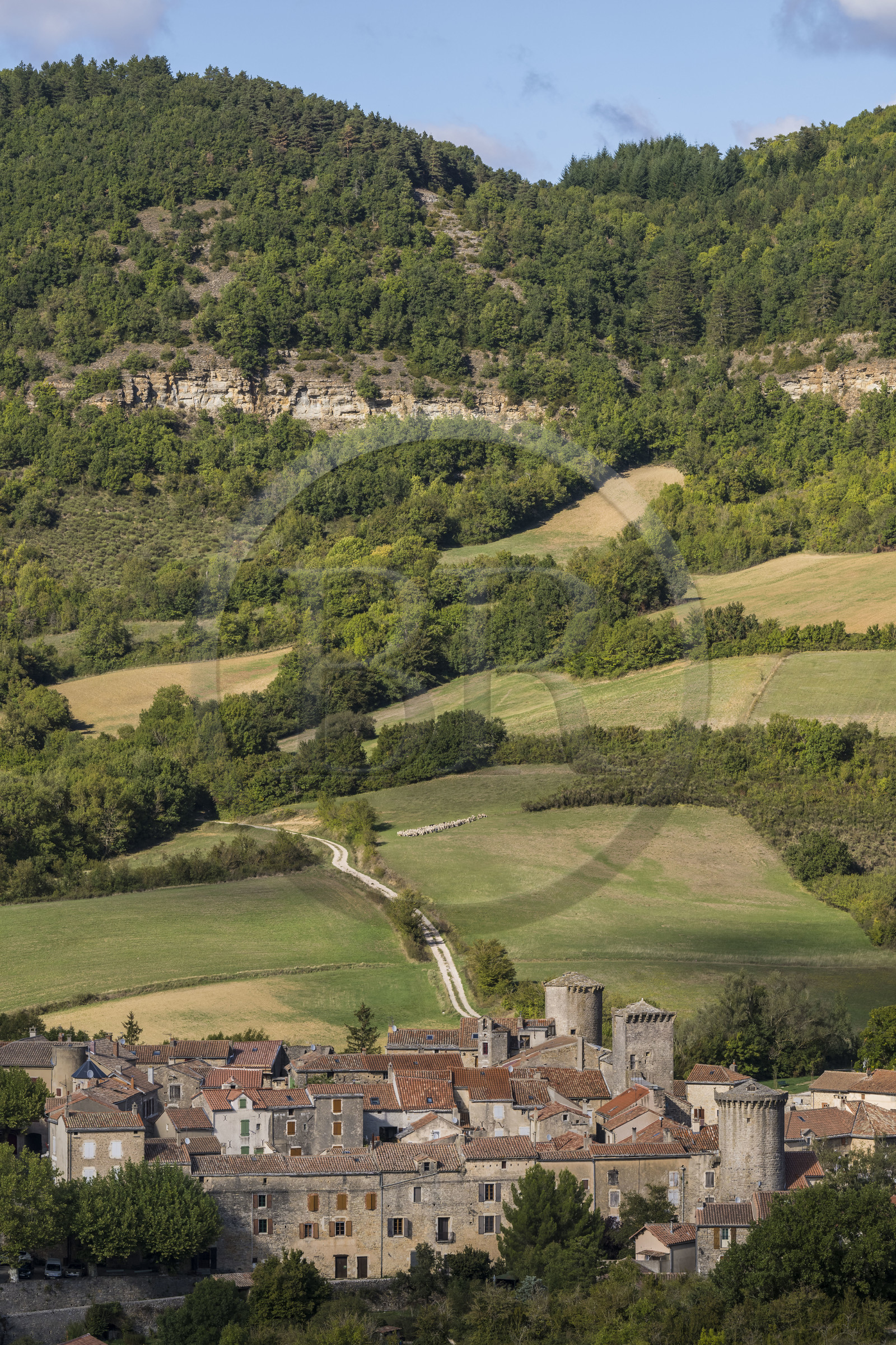 France, Aveyron, Causses and the Cévennes, cultural landscape of Mediterranean agro-pastoralism, listed as World Heritage by UNESCO, Sainte-Eulalie-de-Cernon on the road to Santiago de Compostela