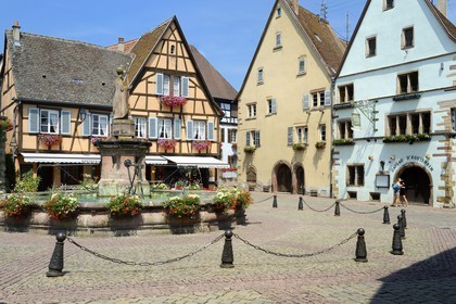 France, Haut-Rhin (68), Eguisheim, labellisé Les Plus Beaux Villages de France, place du Chateau, la fontaine surmontée d'une statue du Pape Leon IX natif du village