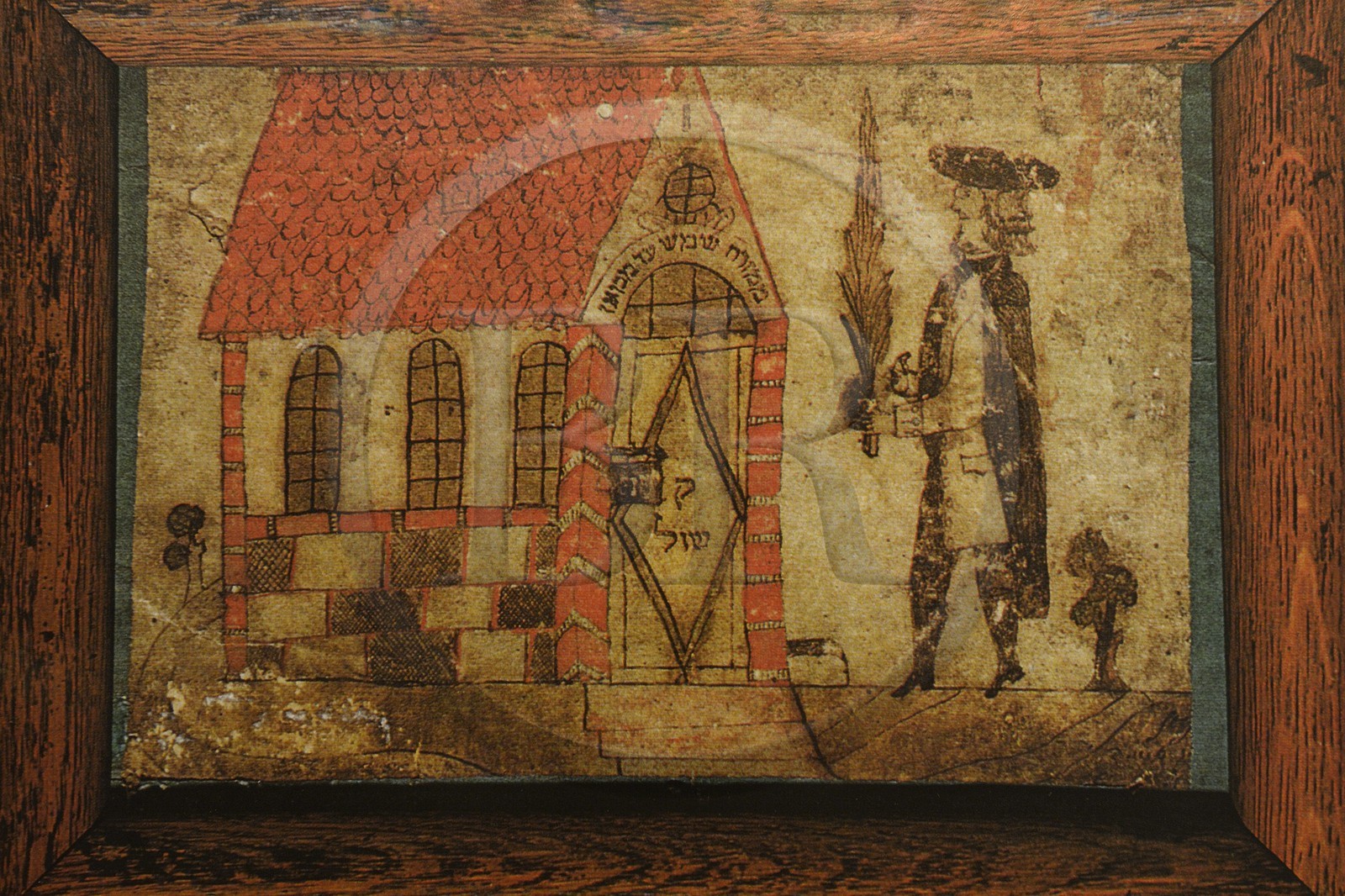 France, Bas-Rhin (67), Bouxwiller, musée judéo-alsacien dans l'ancienne synagogue, dessin gouaché datant de la fin du XVIIIème siècle qui représente un Juif en costume d'époque portant Lulav et Etrog (branche de palmier et fruit de cédrat) pour la fête de Soukoth devant la synagogue de Buschwiller