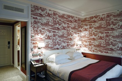 France, Calvados, Pays d'Auge, Deauville, Normandy Barriere Hotel, an superior room decorated from toile de jouy fabric