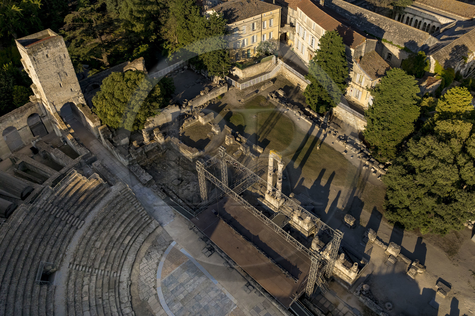 France, Bouches du Rhone, Arles, the ancient theatre of the 1st century BC, listed as World heritage by UNESCO (aerial view)