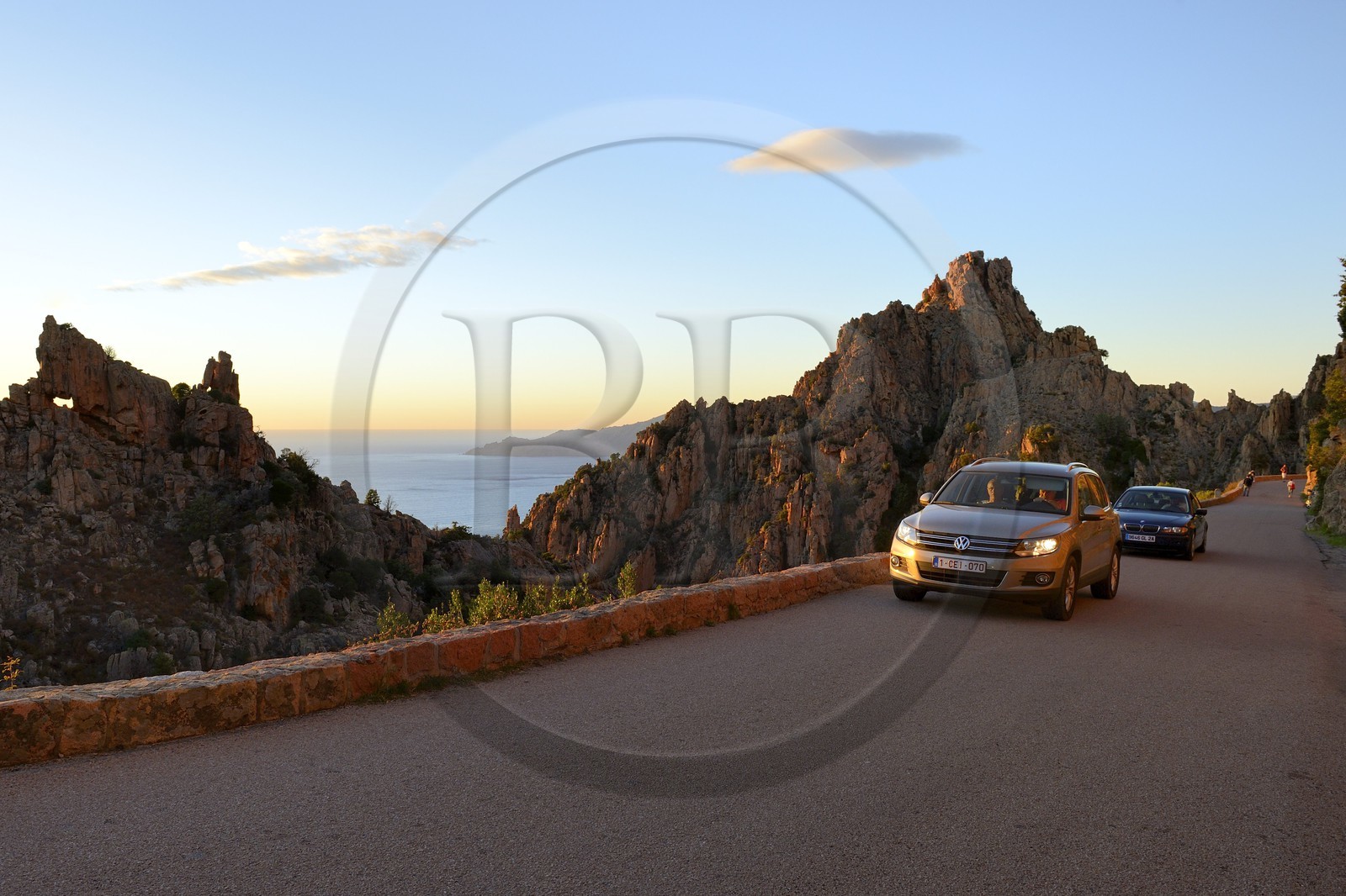 France, Corse du Sud, Golfe de Porto, listed as World Heritage by UNESCO,  the Creeks of Piana (Calanches de Piana) with pink granite rocks and the D81 road between Porto and Cargese