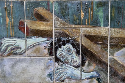 France, Var, Dracenie, Ampus, Stations of the Cross on the site of the old fortified castle created by the abbot Adonis Volpato with the ceramist Geoff Hindry, station IX Jesus falls for the third time