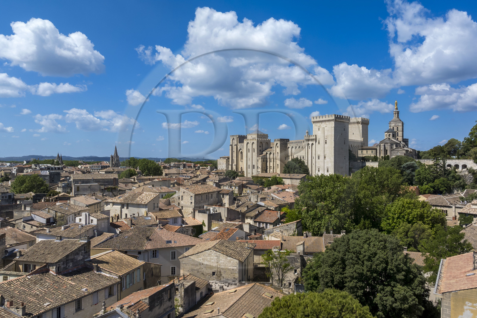 France, Vaucluse (84), Avignon, Palais des Papes classé Patrimoine mondial de l'UNESCO au dessus des toits de la vieille ville (vue aérienne)