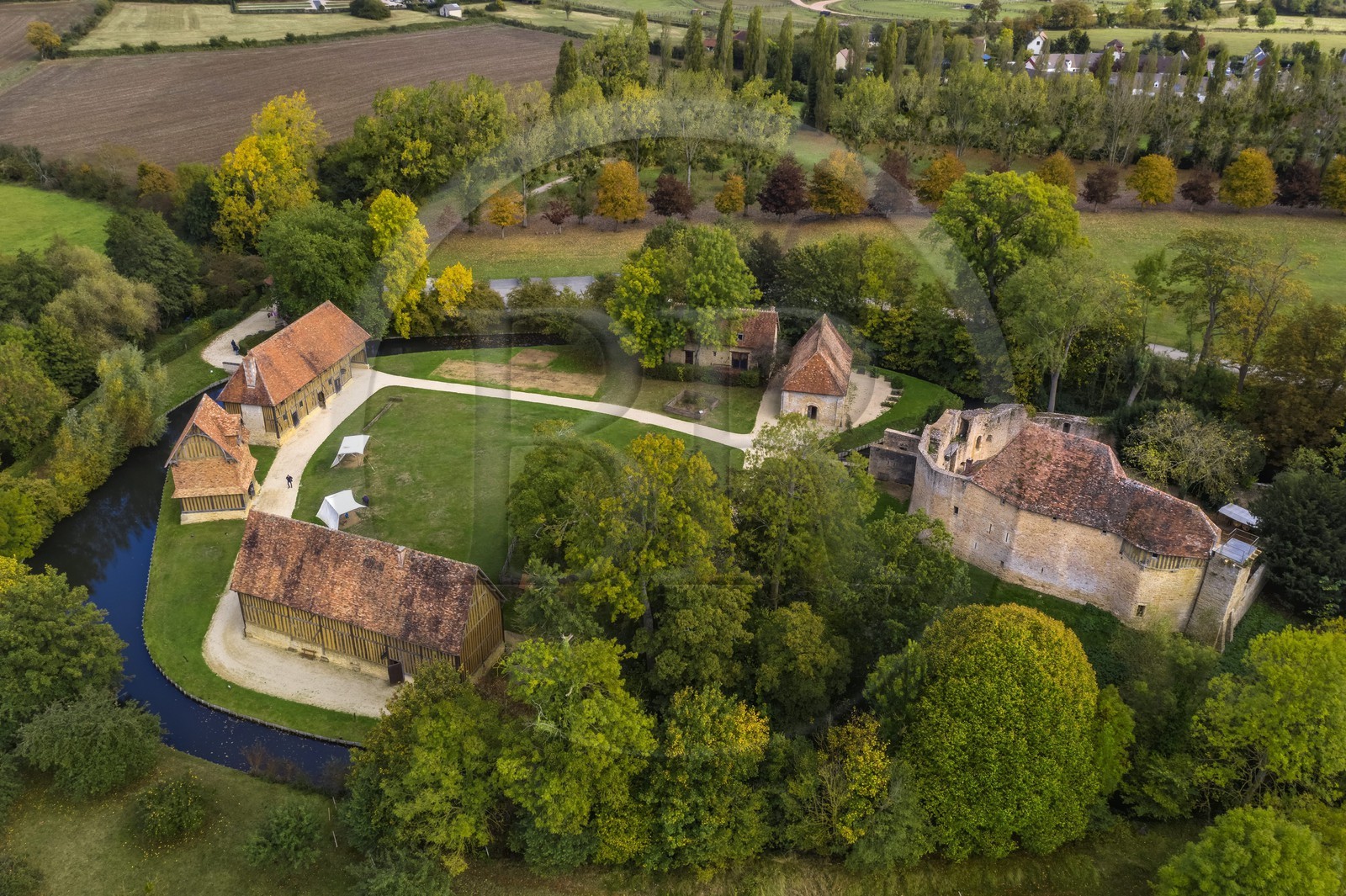 France, Calvados, Pays d'Auge, Crevecoeur en Auge castle and its dungeon, Schlumberger Museum Foundation (aerial view)