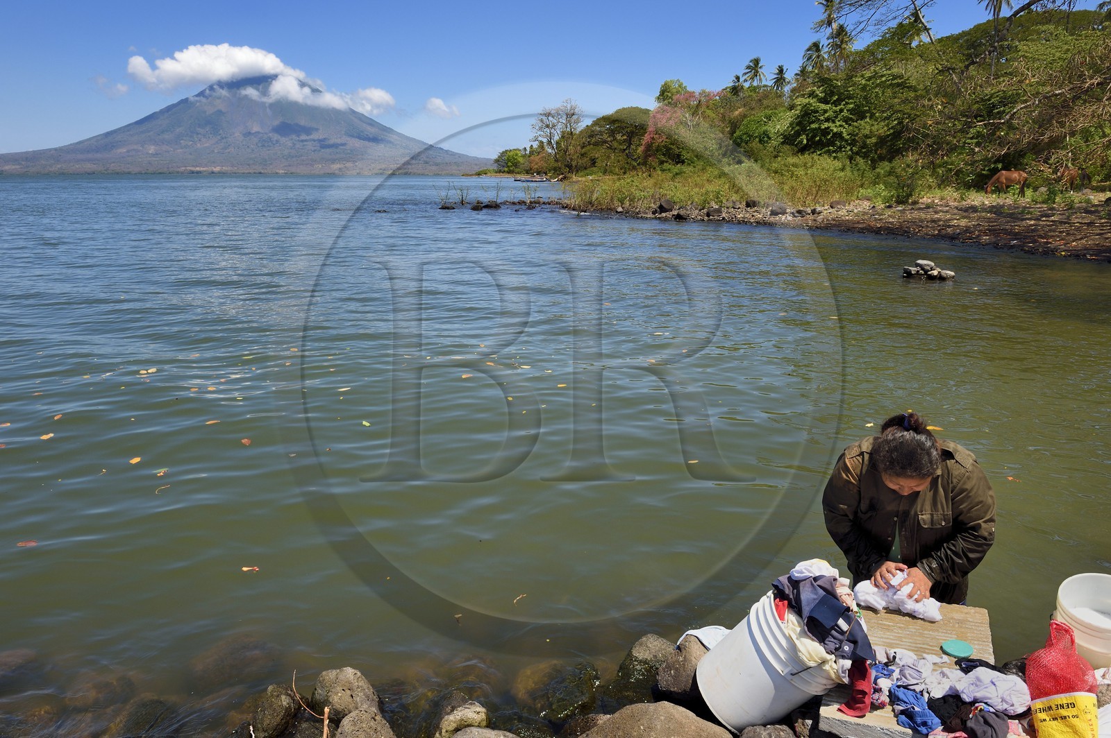 Nicaragua, Ile d'Ometepe sur le lac Nicaragua, village de Merida, femme faisant sa lessive dans le lac et le volcan Conception (1610 m) en arrière plan