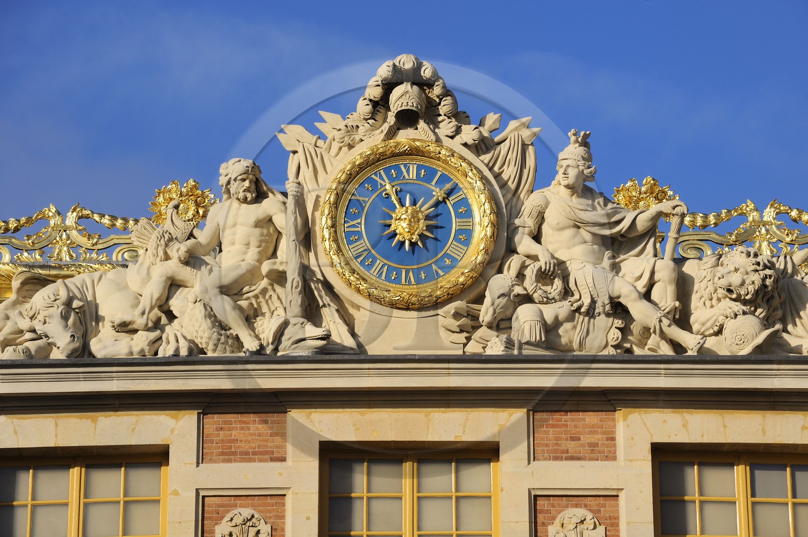 France, Yvelines, Chateau de Versailles, listed as World Heritage by UNESCO, clock of the Cour de Marbre (Marble Courtyard) renovated in 2008