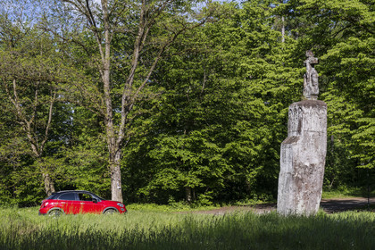 France, Moselle, Meisenthal, the Breitenstein (large stone) also known as the Stone of the 12 Apostles which refers to the representations of the twelve Apostles engraved on the four sides of the menhir of red sandstone with a height of four meters forty, probably also for a very long time a stone border