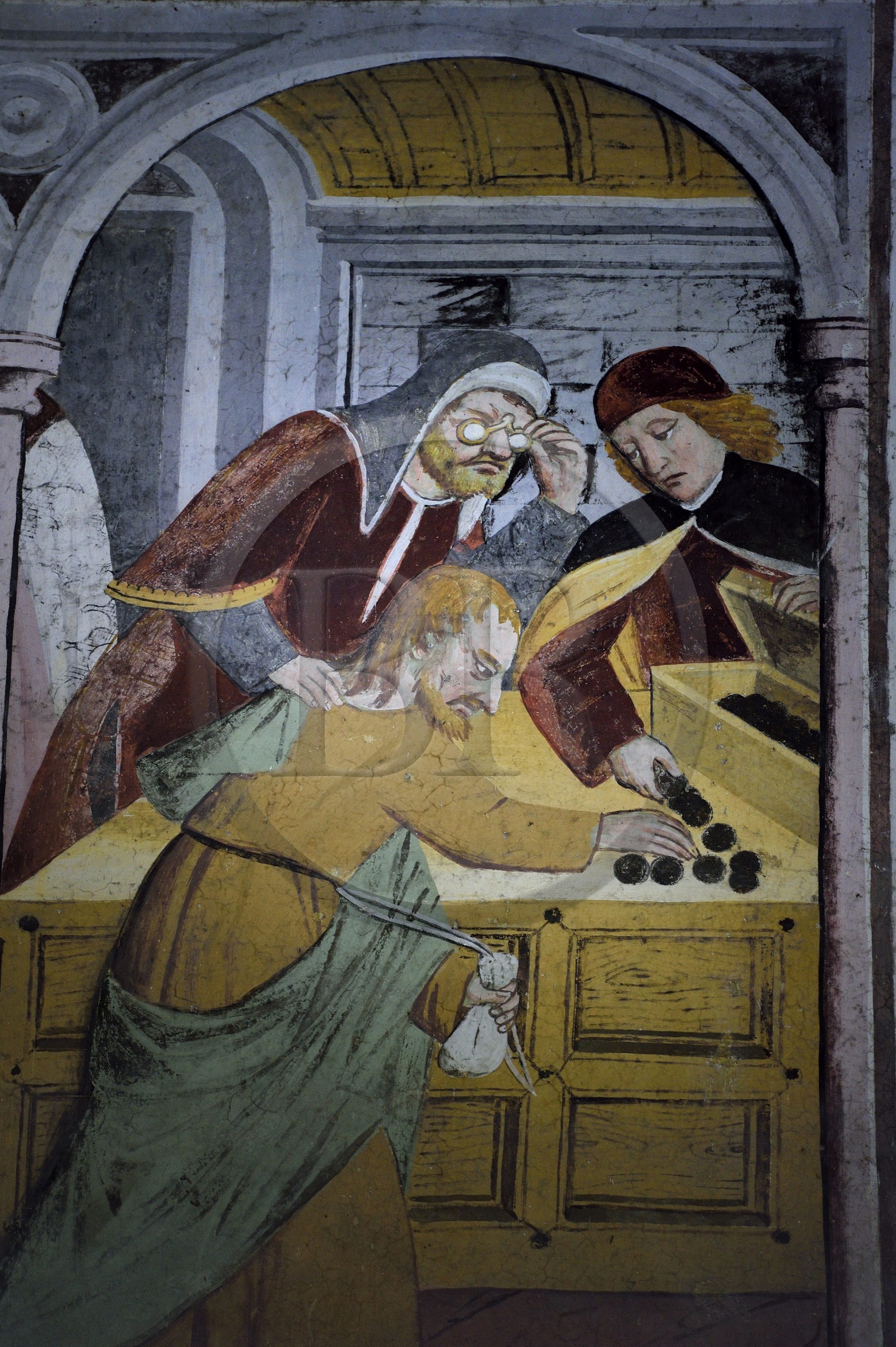 France, Alpes-Maritimes, Roya Valley, La Brigue, Notre Dame des Fontaines Chapel, 15th century frescos attributed to Jean Canavesio, betrayal of Judah painting where some people like to see a representation of the plot hatched in 1472 by the House of Savoy to assassinate Honoré Lascaris