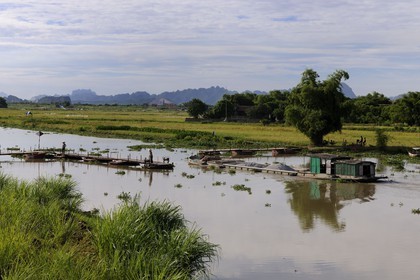 Vietnam, Ninh Binh province, a barge passing a floating bridge
