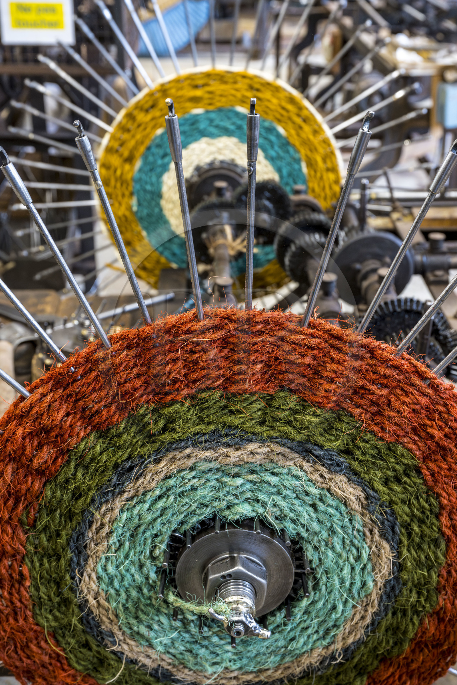 France, Drome, Drome provencale, Nyons, La Scourtinerie, the last scourtin factory in Provence, traditional filters used in the production of olive oil but also designed today as decorative objects made of coconut fiber, manufacturing of scourtins in their workshop on custom-made circular looms