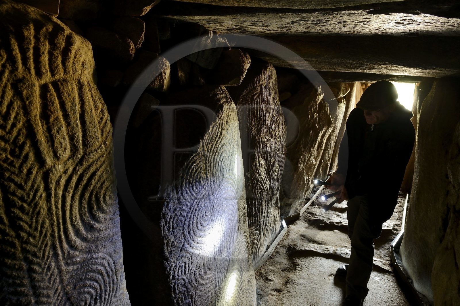 France, Morbihan, Gavrinis Cairn dated 3500 BC, decorated slabs from the Gavrinis passage