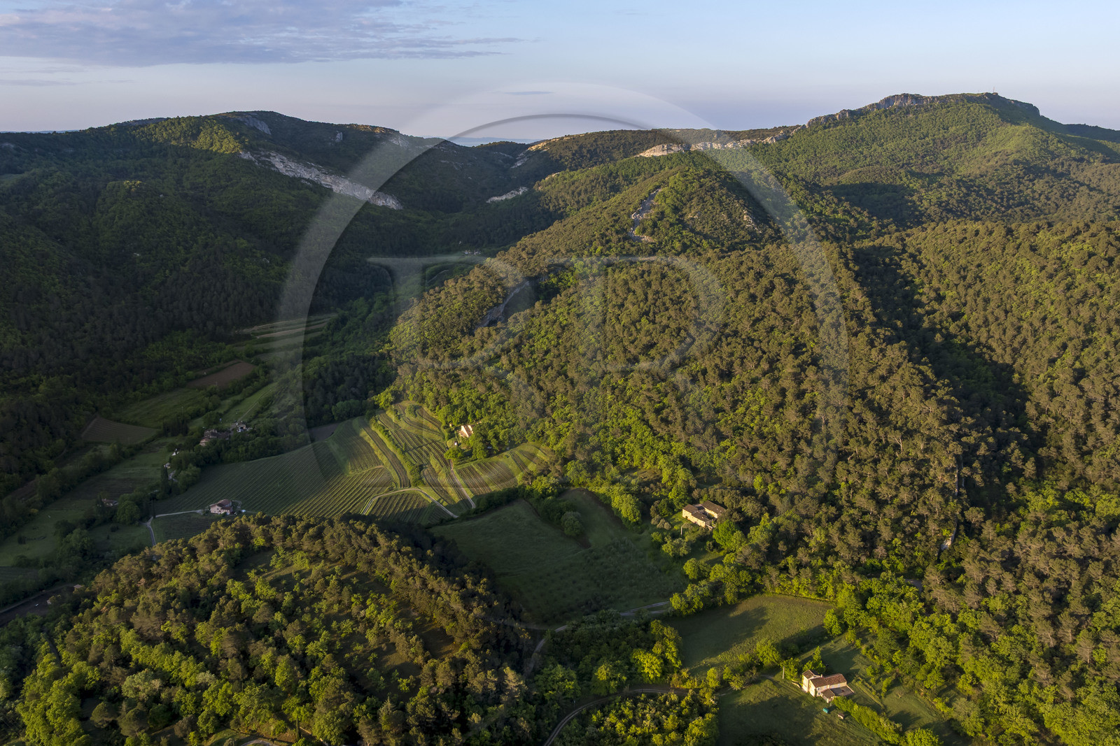 France, Vaucluse (84), Dentelles de Montmirail, Crestet, le massif et la face sud de la crête de Saint-Amand