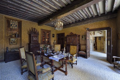 France, Dordogne (24), Périgord Noir, vallée de la Dordogne, Sarlat-la-Canéda, le Manoir de Gisson, la salle d'honneur