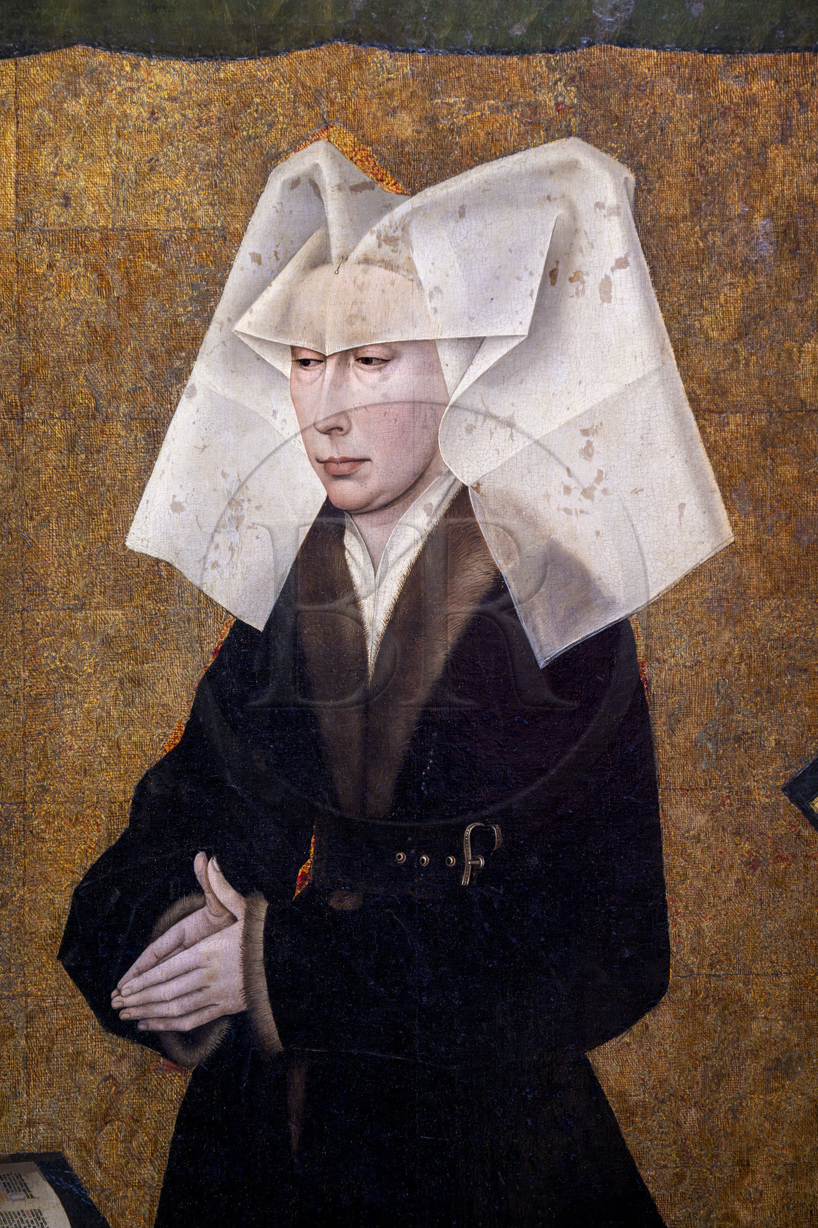 France, Côte-d'Or (21), Beaune, zone classée Patrimoine Mondial de l'UNESCO, Hospices de Beaune, l'Hôtel-Dieu, salle du Polyptyque, détail du polyptyque du Jugement Dernier fermé, oeuvre réalisée au XVe siècle par de Rogier Van Der Weyden, portrait de Guigone de Salins, fondatrice des hospices avec son époux Nicolas Rolin