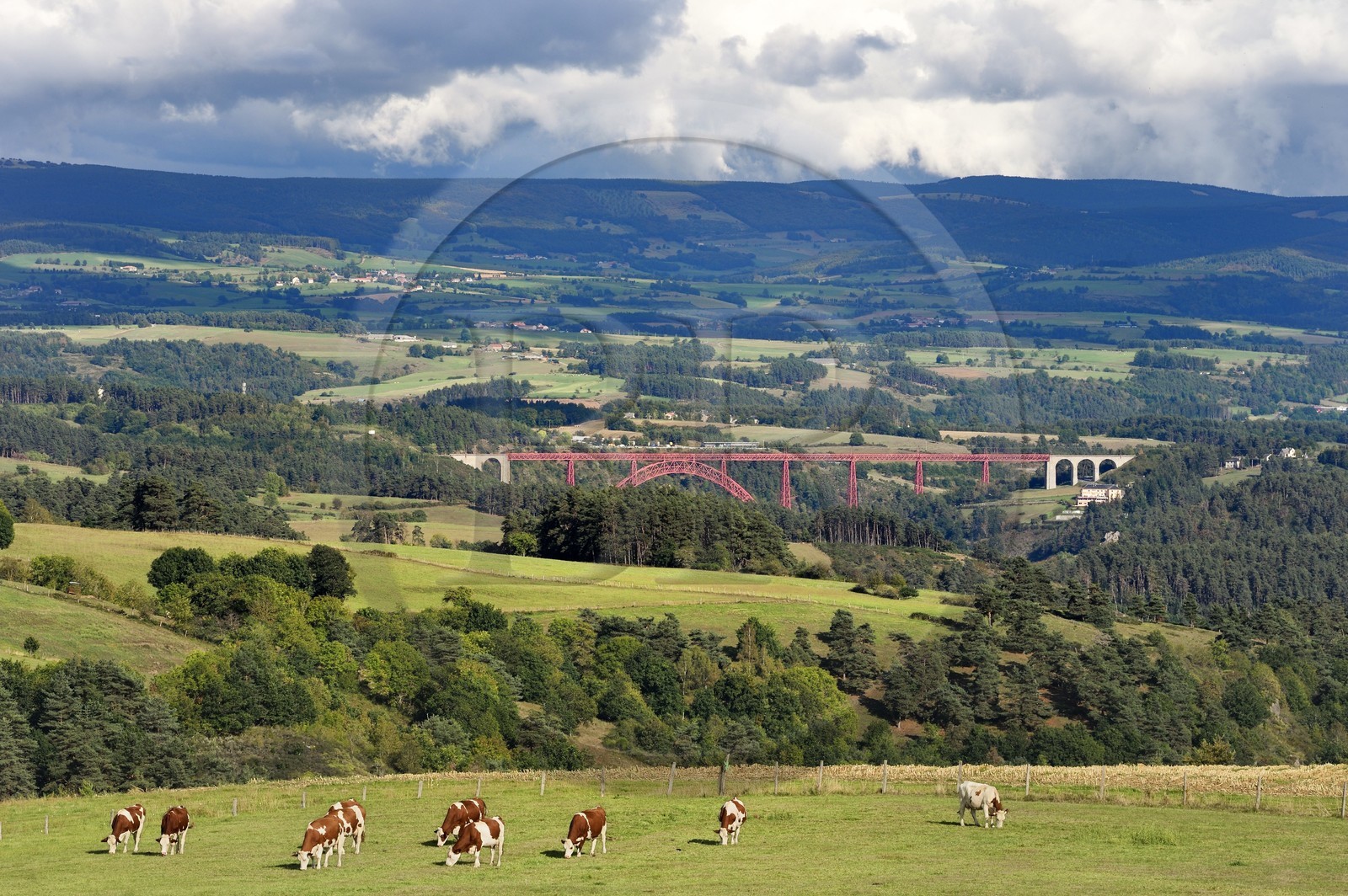 France, Cantal (15), région d'Alleuze sur les hauteurs de la vallée de la Truyère, le viaduc de Garabit vu de loin au dessus des gorges de la Truyère, des ingénieurs Léon Boyer pour la conception et Gustave Eiffel pour la réallisation