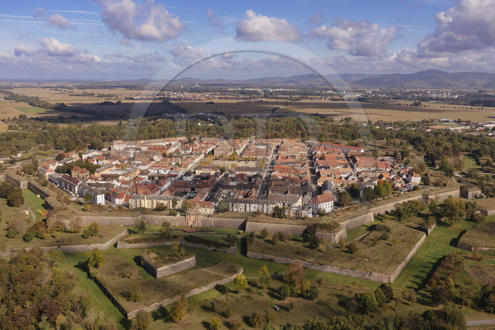 France, Haut-Rhin, Neuf Brisach, town fortified by Vauban, listed as World Heritage by UNESCO, the Porte de Belfort to the south-west and the Black Forest in the background (aerial view)