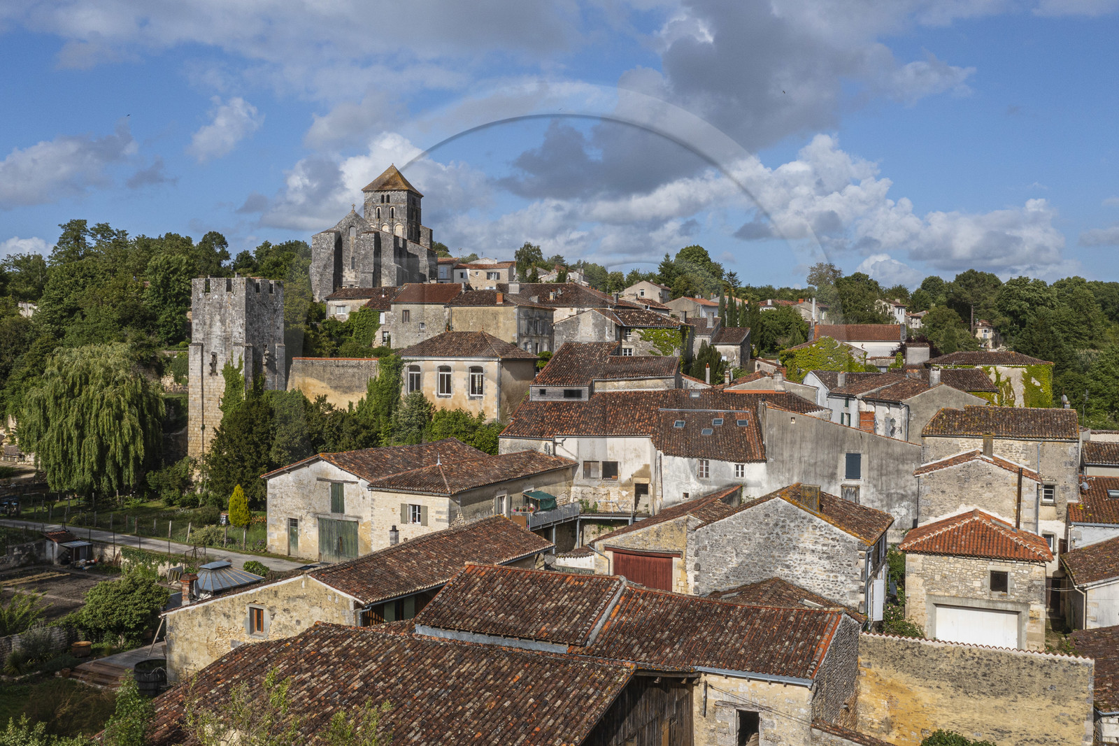 France, Charente-Maritime (17), Saint-Sauvant, la tour médiévale et l'église Saint-Sylvain domine la vallée du Coran (vue aérienne)