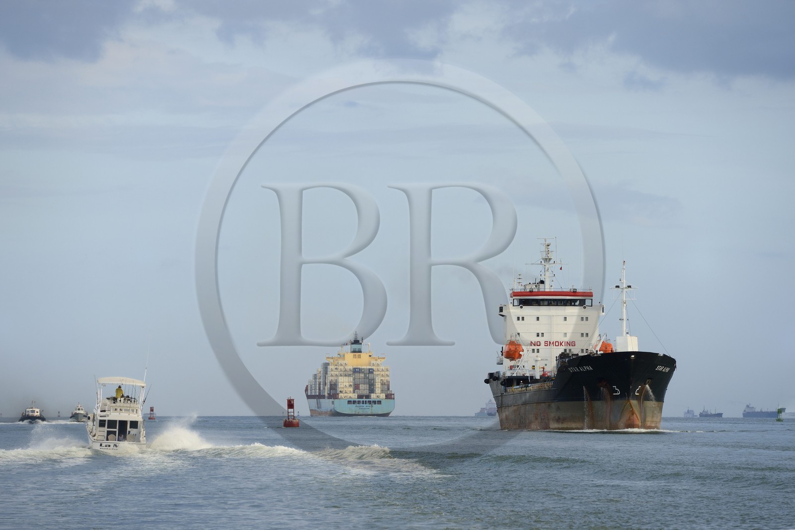 Panama, Panama City, Panamax cargo in the Panama Canal access channel on the Pacific Ocean side