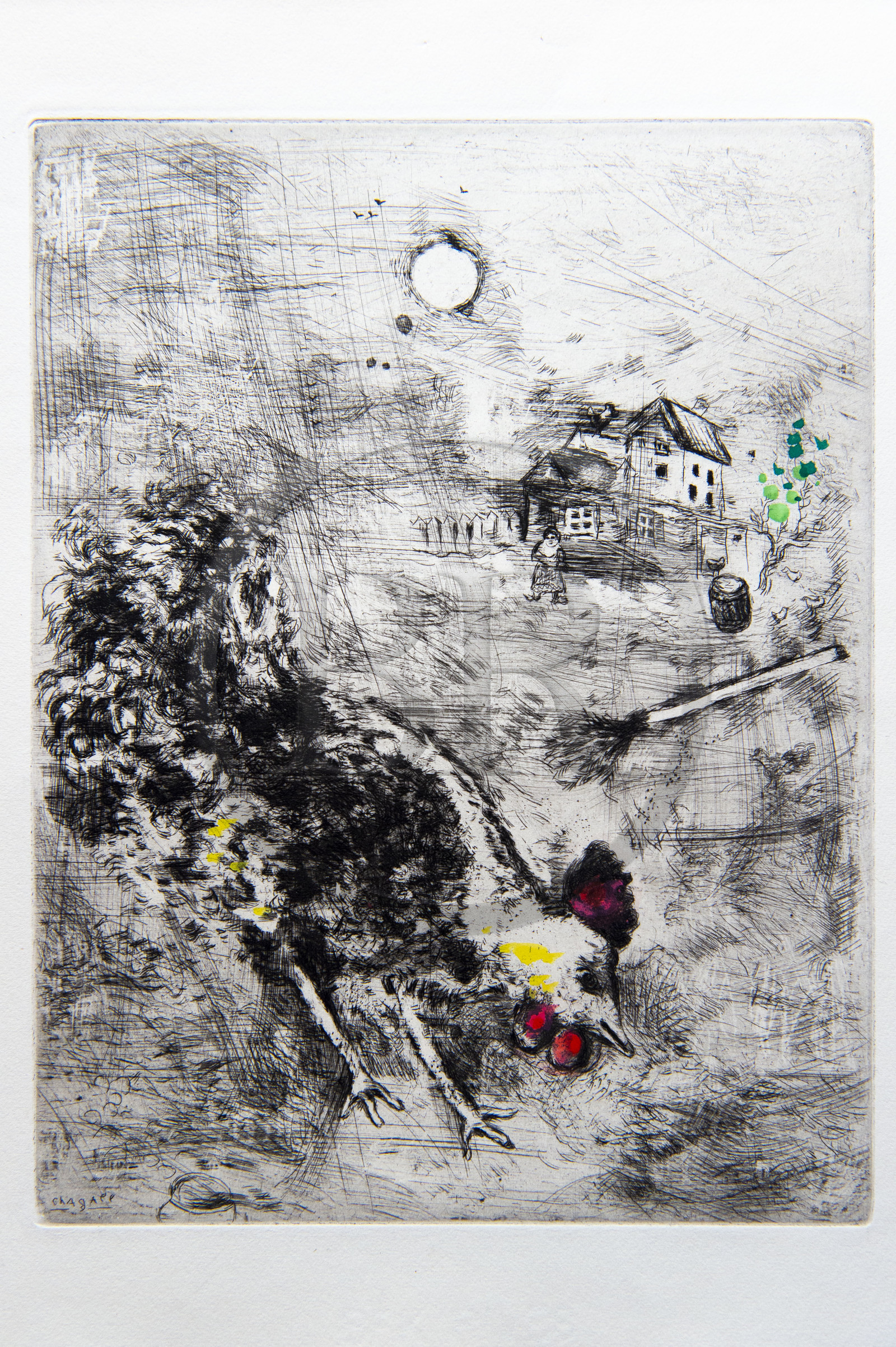 France, Aisne (02), Château-Thierry, Musée Jean de La Fontaine - Ville de Chateau-Thierry, illustrations des Fables de La Fontaine, Le Coq et la Perle fable XX du livre I, estampes de Marc Chagall, 1927-1930 (gravure sur cuivre), publiées par Tériade en 1952, eau-forte sur papier vélin, rehauts de gouache et d’aquarelle