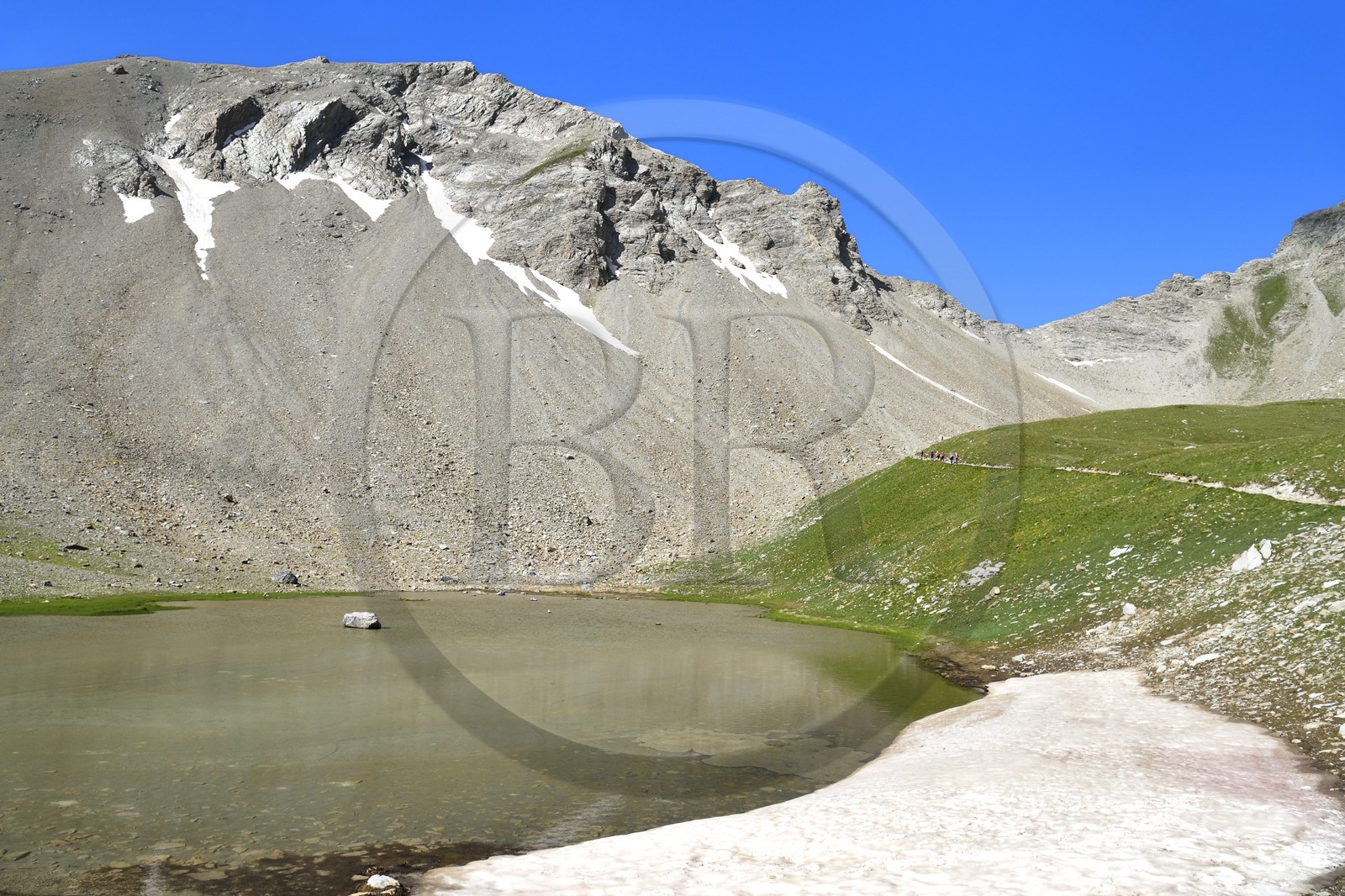 France, Alpes-de-Haute-Provence (04), Uvernet-Fours, parc national du Mercantour, vallée de l'Ubaye, sentier de randonnée du circuit des lacs qui grimpe vers le col de la Petite Cayolle (2639 m) en arrière plan à droite, petit lac et névé
