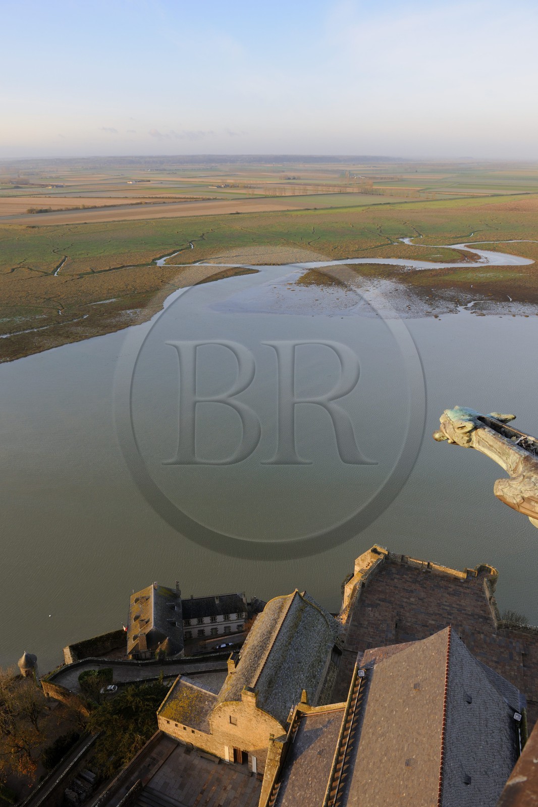 France, Manche, Mont Saint Michel, listed as World Heritage by UNESCO, Apse and the bay seen from the spire at dawn
